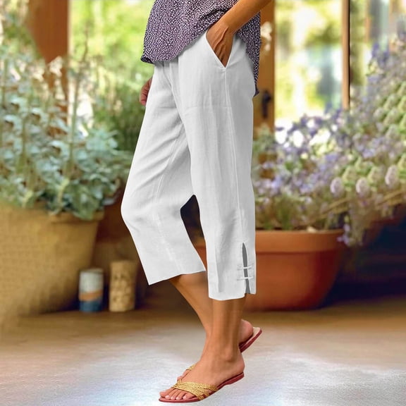 Betivan Cotton Linen Pants Women Summer Boho Dressy Casual Straight Leg Capri Pants Elastic Waist Beach Trousers with Pockets