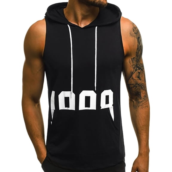 Mens Sweatshirts Hoodies Fitness Muscle Print Sleeveless Hooded Bodybuilding Pocket Tight-drying Tops