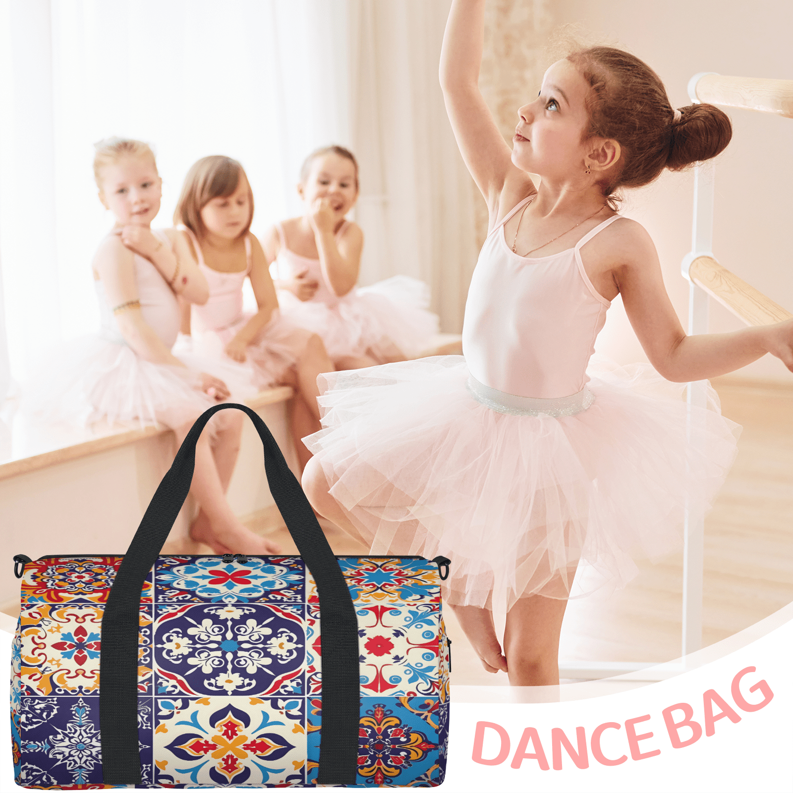 Herdesigns Mexican Talavera Tile Gym Bag for Women, Duffle Bag for Travel Sport, Lightweight Waterproof Carry on Weekender Overnight Dance Yoga Workout Bags