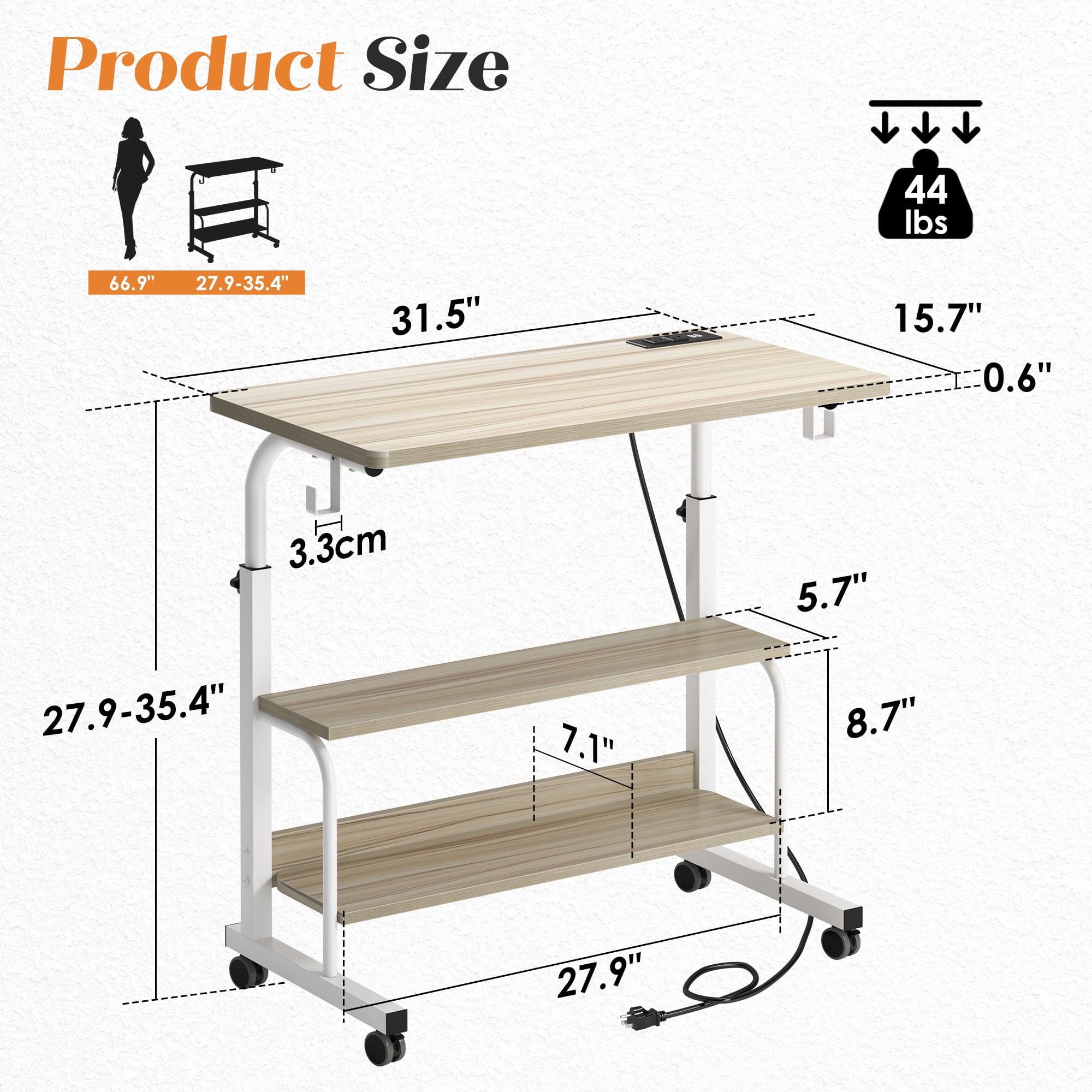 Soges 31.5" Height Adjustable Computer Desk with Charging Station, Adjustable Side Table Movable Laptop Desk with 2 Storage Shelves, Adjustable Desk on Wheels for Home Office, Sofa, Bed, Maple