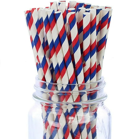Beautynvta 25 Pcs American Flag Paper Straws, Disposable Red White Blue Striped Straws for 4th of July Memorial Day Americana Themed Party