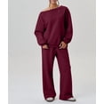 thumbnail image 5 of Women'S 2 Piece Outfits Off the Shoulder Crop Top Wide Leg Sweatpants Matching Lounge Sets Wine Red XL, 5 of 8