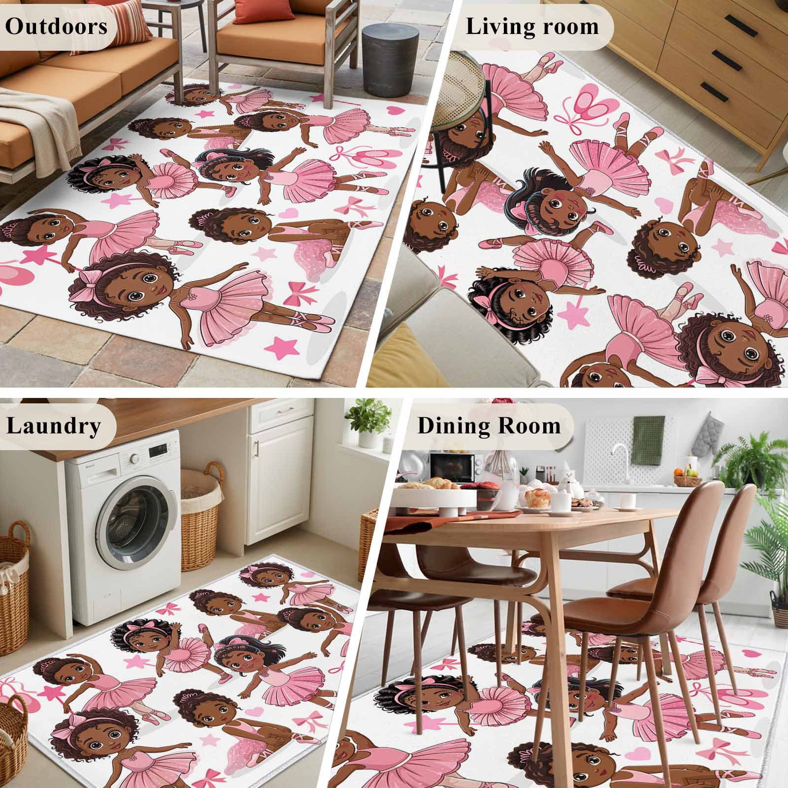 Area Rugs for Living Room 4x6 Ft, Pink Ballet Dancer Non Slip Area Rugs for Kitchen Bedroom Entryway, Cute Cartoon Girls Bow-knot Love Star Washable Carpet Runner Rug Floor Mats for Bedroom