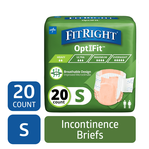 FitRight Adult Incontinence Briefs, Diapers with Tabs, Moderate Absorbency, Small, 20in to 32in, 20 Count
