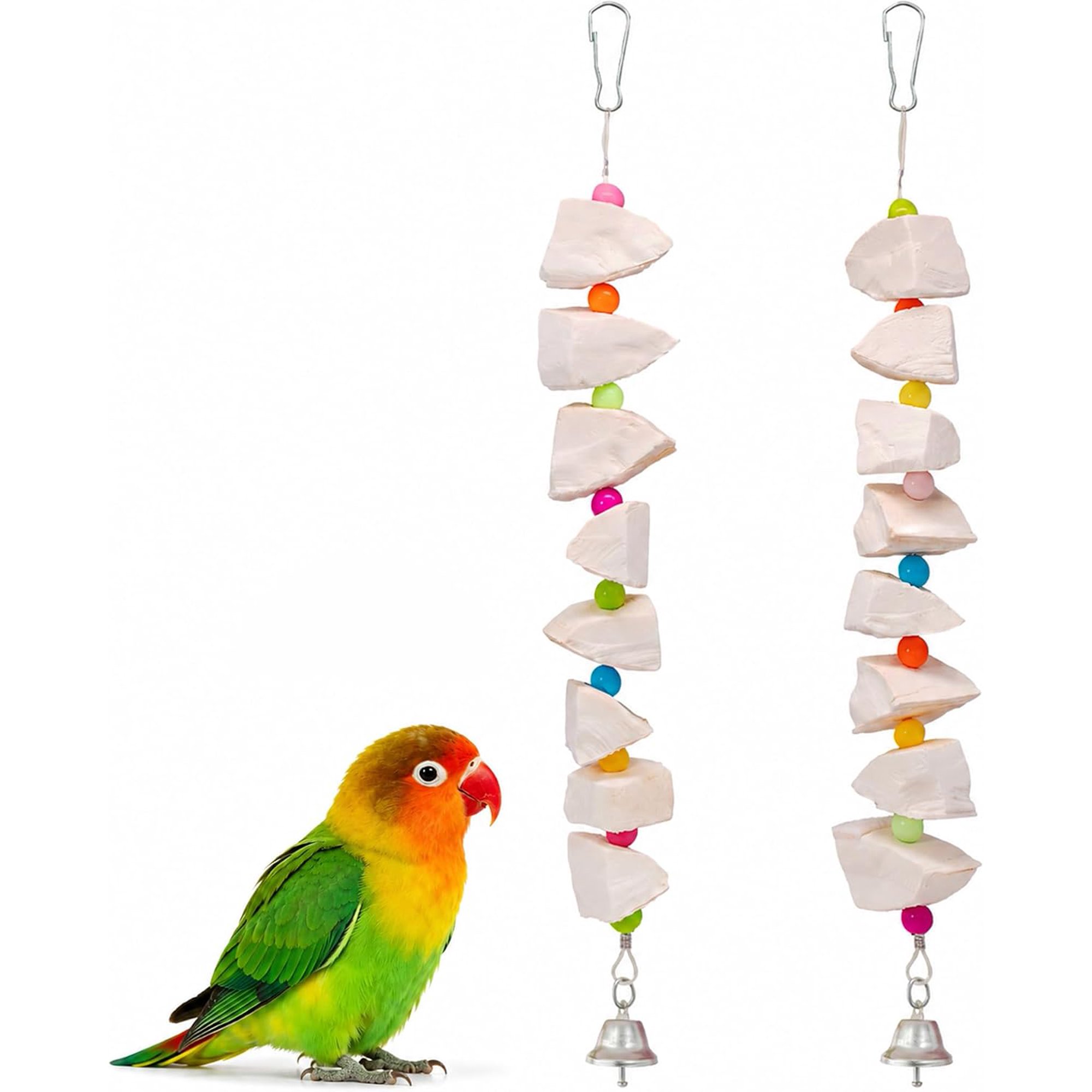 2 Pack Bird Toys with Cuttlebone & Beak Grinding Stone–Cage Accessories for Parakeets, Budgies, Cockatiels, Lovebirds, Green Cheeks & Small to Medium Birds