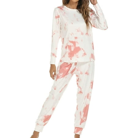 

PIKADINGNIS Women Colorful Pajama Set Long Sleeve Two-Piece Sleepwear Casual Round Neck Nightwear Warm Soft Loose Fit Pjs Indoor Wear