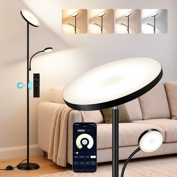 OUTON 36W Torchiere Floor Lamp with Reading Light, Super Bright LED Floor Lamp with Remote Control and APP,69" Tall Standing Lamp for Living Room,Stepless Dimmable Reading Lamp (Black)