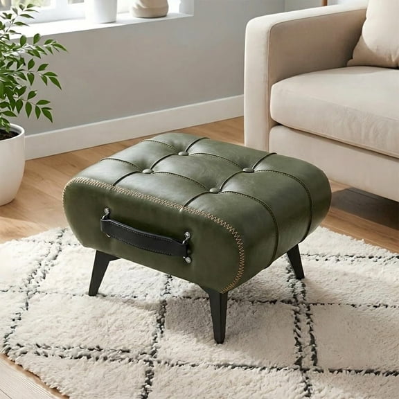 MIDOQIN Small Storage Ottoman, Square Faux Leather Foot Rest Stool with Portable Handle, Hidden Storage and Metal Legs for Living Room, Entryway, or Bedroom, Green
