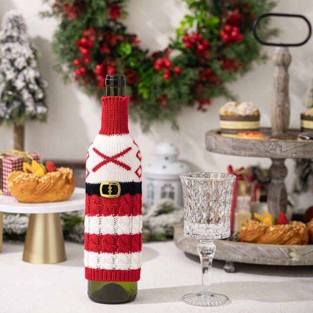 Manchon de Bouteille de Vin Tricoté Alphabet avec Rayures Rouges et Blanches pour Décoration DIY Manchon de 26 Lettres pour Bouteille de Vin Rouge et Emballage Cadeau