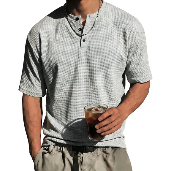 Mens Waffle Knit Short Sleeve Henley, Lightweight Athletic Fit Tee, Breathable Casual Wear for Summer & Gym, XL