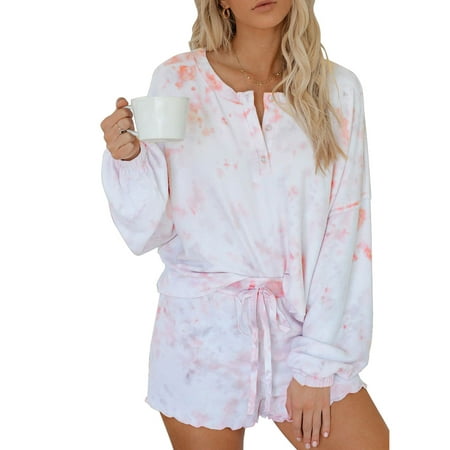 

Selfieee Women s Two Piece Tie Dye Drawstring Pajamas Home Lounge Wear Sleepwear 30002 Pink Small
