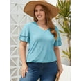 thumbnail image 6 of FlorCurve Plus Size Blouses for Women Short Double Ruffle Sleeve V-Neck Tunic Tops Eyelet Casual Shirts, Blue 2XL, 6 of 8