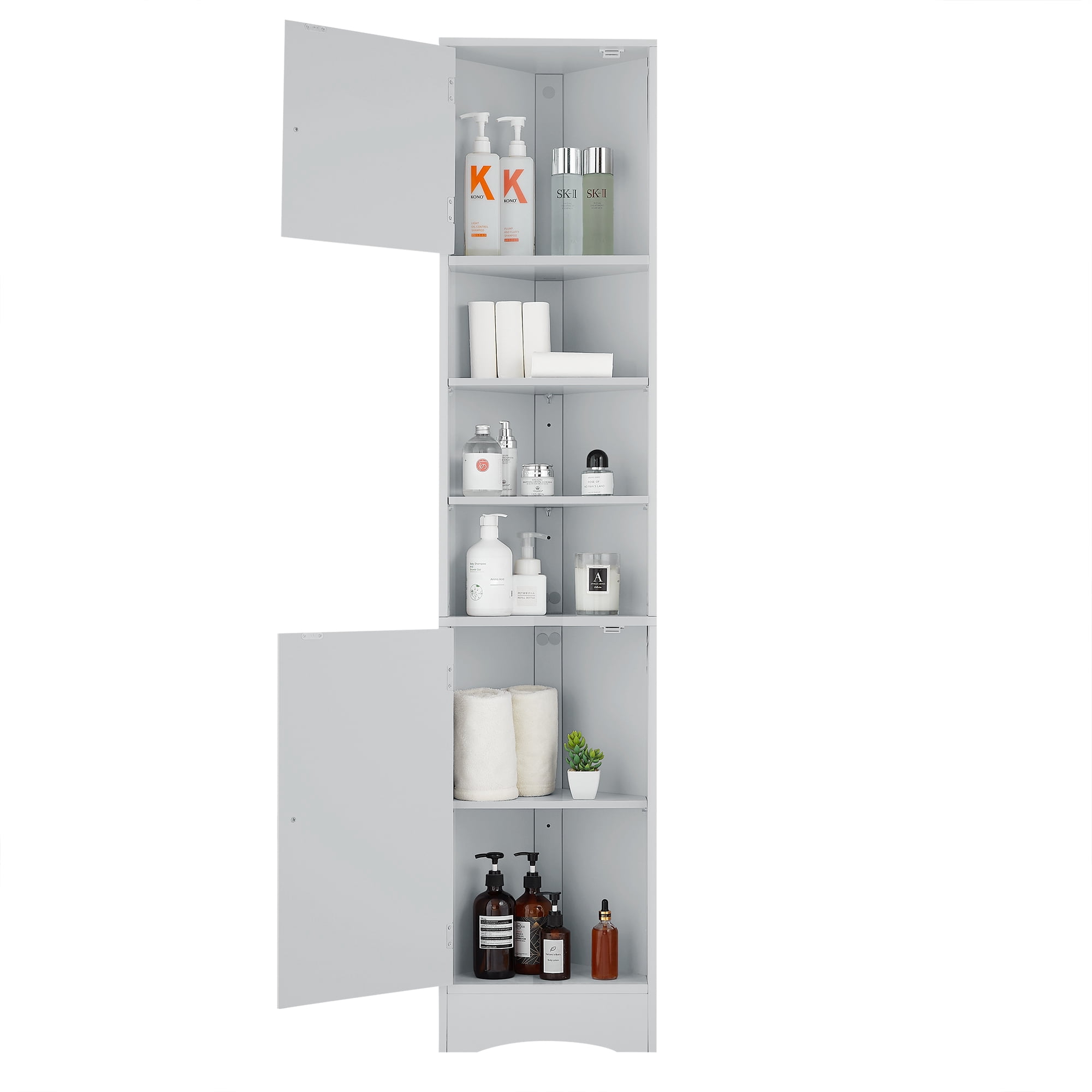 Multi-Functional Corner Cabinet Tall Bathroom Storage Cabinet with Two Doors and Adjustable Shelves, Open Shelf, Grey