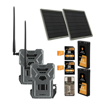 Spypoint Flex-Dark GPS Cellular Trail Camera Bundle with 2 x 10W Battery 2 x Solar Panel 2 x 32GB SD Card and Card Reader (8 items)