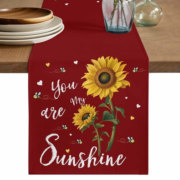 Table Runner 72 Inches Long for Kitchen Dining, Red Sunshine Sunflower Dresser Scarf Farmhouse, Dining Table Decorations for Wedding/Parties, Pastoral Bees Farmhouse Floral 18 x 72 In