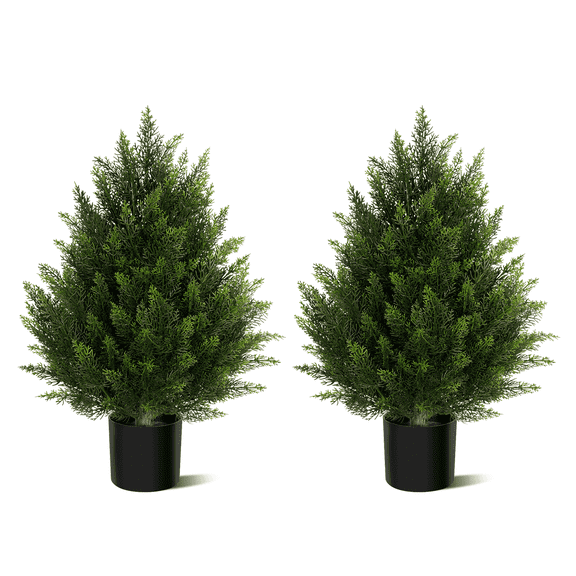 OLIVIVI Artificial Cedar Tree 2FT Tall Faux Silk Plant for Home Office Decor Indoor Outdoor Fake Lifelike Potted Tree with Wood Branches 2 pack