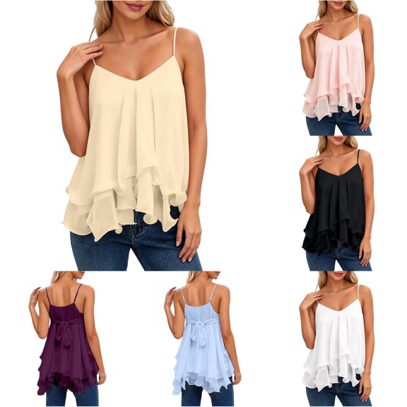 ZHOGXU Tank Top For Women Sleeveless V Neck Spaghetti Strap Solid Color Summer Lightweight Breathable Vest Top For Everyday Wear,Beige,S