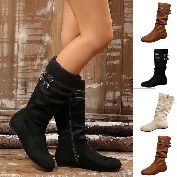 Women's Soft Suede Mid Calf Western Boots Slouchy Round Toe Flat Low Heel Riding Boots with Side Zipper and Buckles