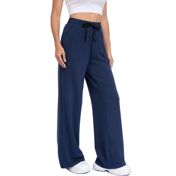 Cadmus Wide Leg Sweatpants for Women Drawstring Elastic Waist Fall Winter Casual Workout Pants with Pockets,Navy Blue,M