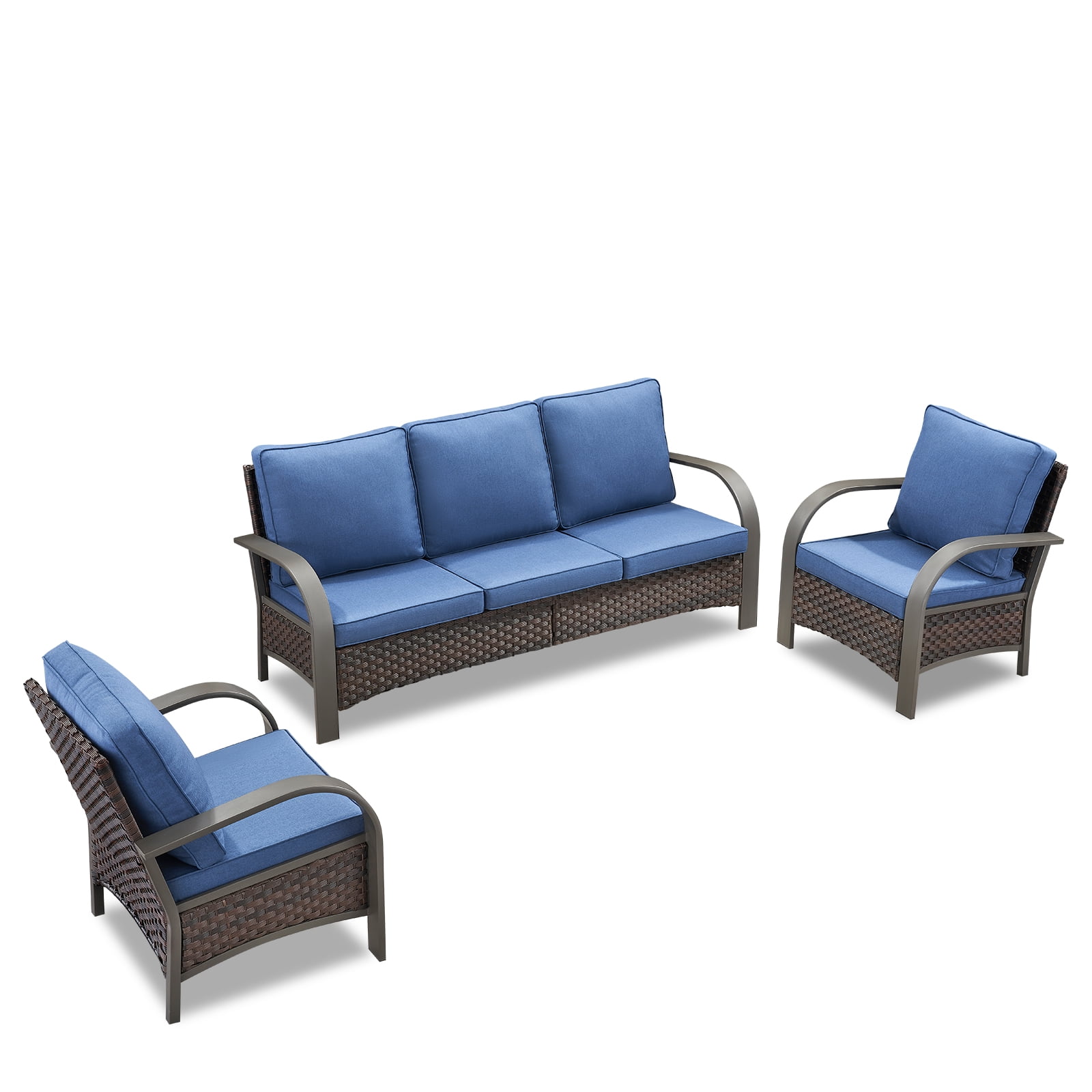 OPOHORO 3-Piece Outdoor Patio Furniture Set, Wicker Sofa and Lounge Chairs  for Deck or Porch