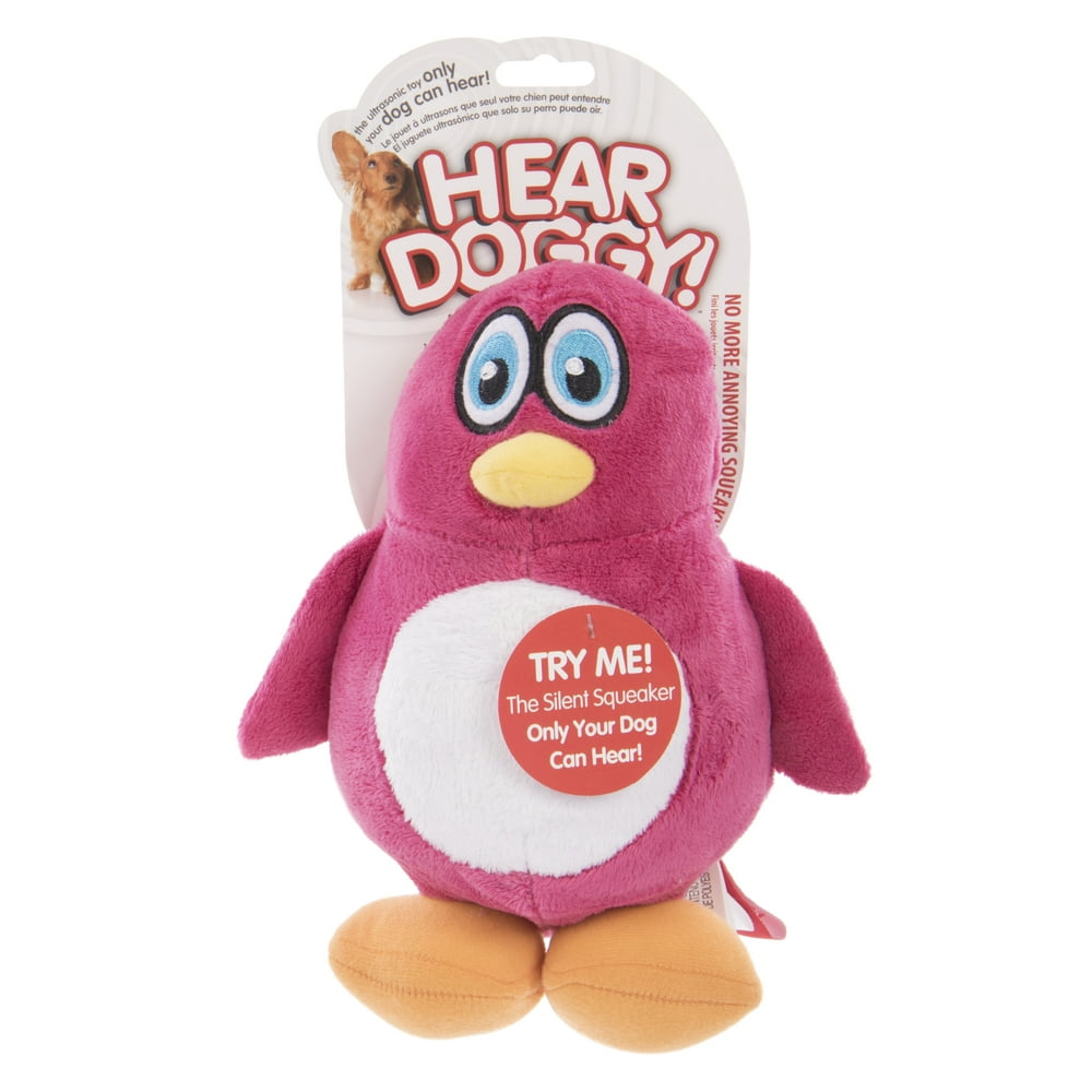 HEAR DOGGY! Penguin with Silent Squeak Technology Plush Dog Toy, Pink