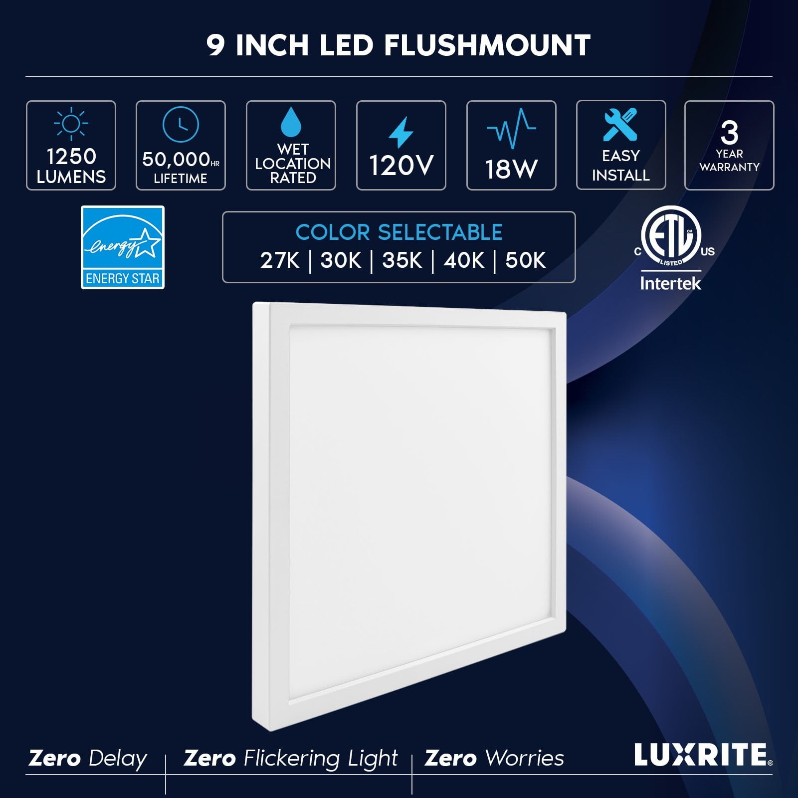Luxrite 9 Inch Square LED Flush Mount Ceiling Light, 18W 1250LM, 5CCT 2700K-5000K, Dimmable, ETL