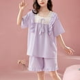 thumbnail image 2 of Kovlvoll Teen Girls Summer Pajamas Sets Solid Color Thin Home Clothes Child Ruffle Short Sleeve Tops with Knee Shorts, 2 of 6