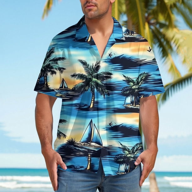 Blusa y camisa de manga corta con cuello vuelto para hombre, blusa informal con botones y estampado hawaiano, blusa de manga corta con cuello vuelto para hombre