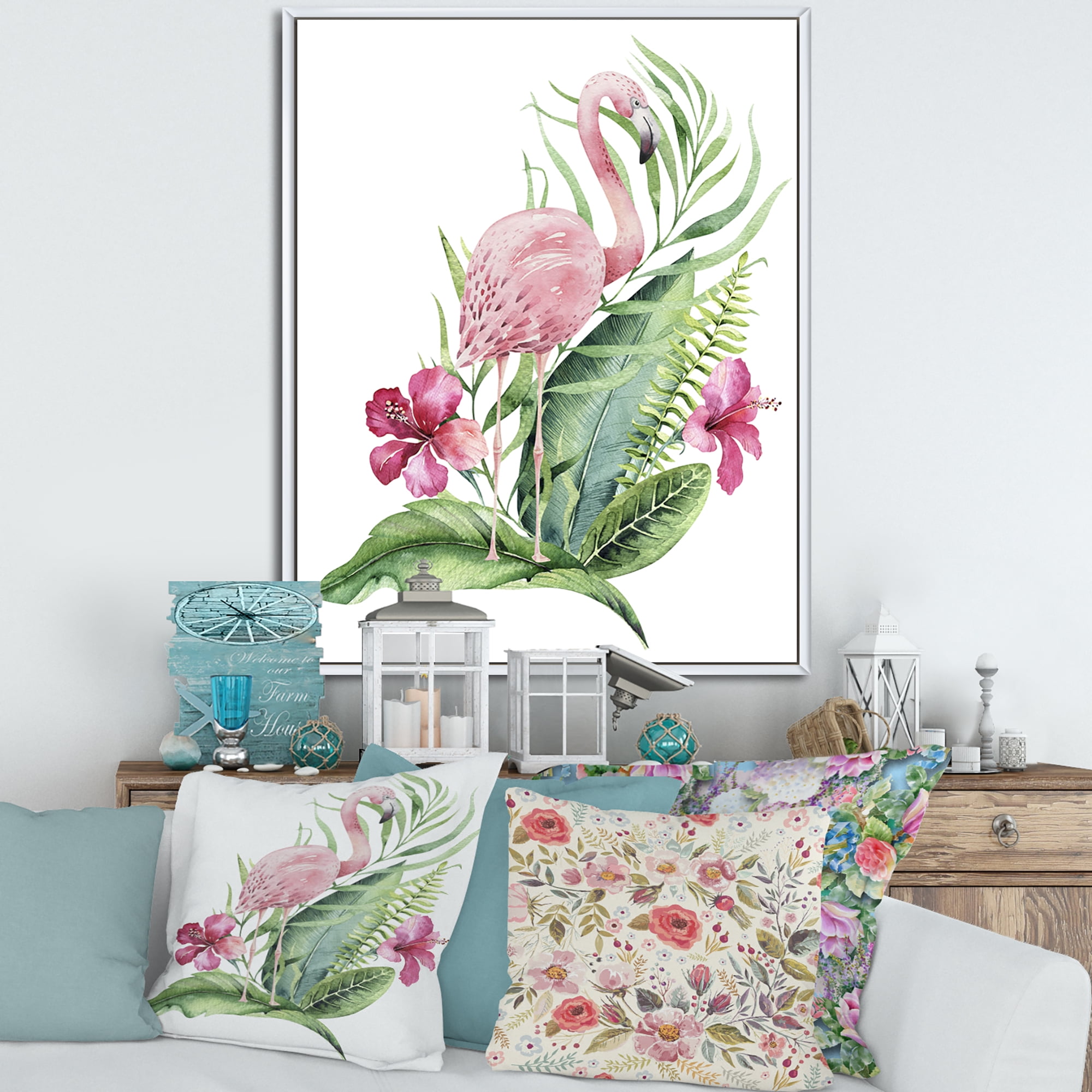 Designart 'Flamingo With Pink Flowers and Exotic Foliage' Traditional Framed Canvas Wall Art Print