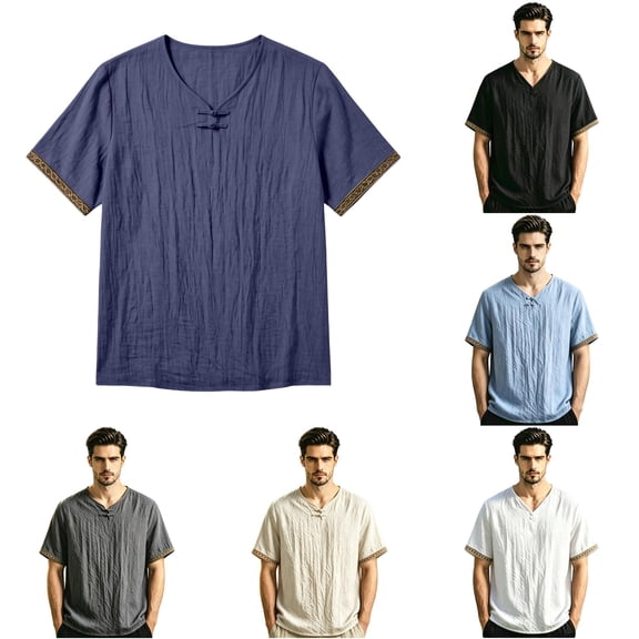 CUSTG Big & Tall Men Blouse Summer Casual Pullover Tops Tunic Breathable Short Sleeve Solid Color Shirt
