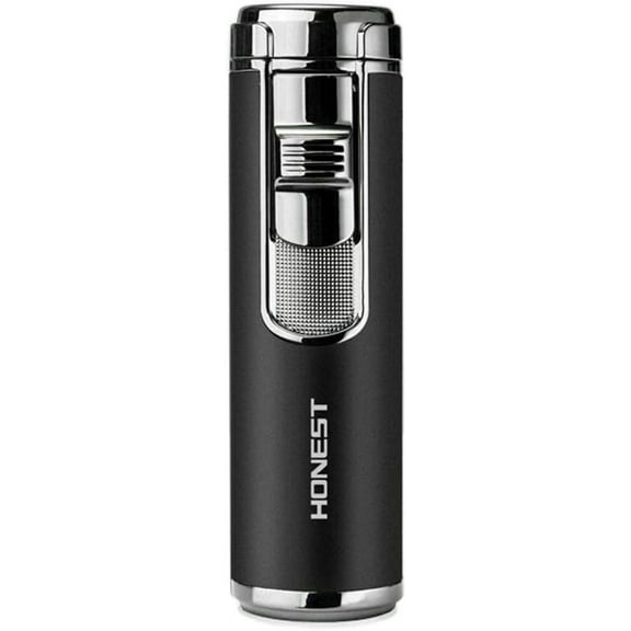Windproof Quad 4 Nozzles Jet Flame Lighter Refillable Butane Gas Fuel Adjustable Four Jet Flames Lighter with Punch - Black