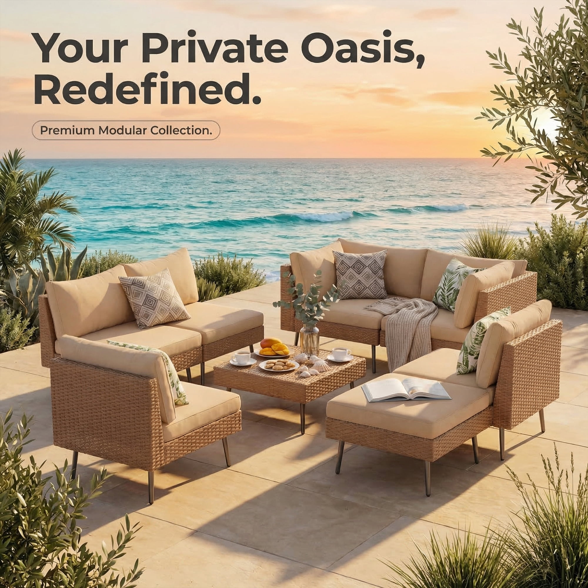 LAZZO 8-Piece Outdoor Wicker Conversation Set, All-Weather Sectional Sofa with 6 Chairs & 2 Ottomans, Khaki Cushions