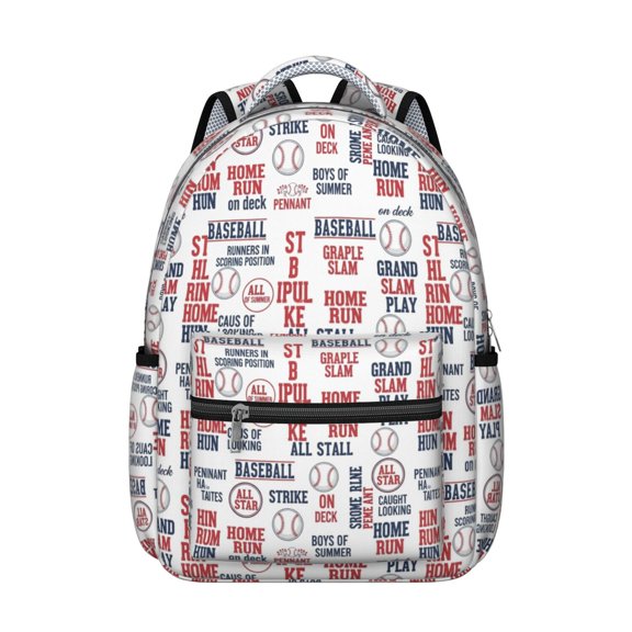 Baseballs and Game Terms White Backpack for School, Cute School Bag with Adjustable Shoulder Straps and Padded Back, 15.3"x11"x7.1"