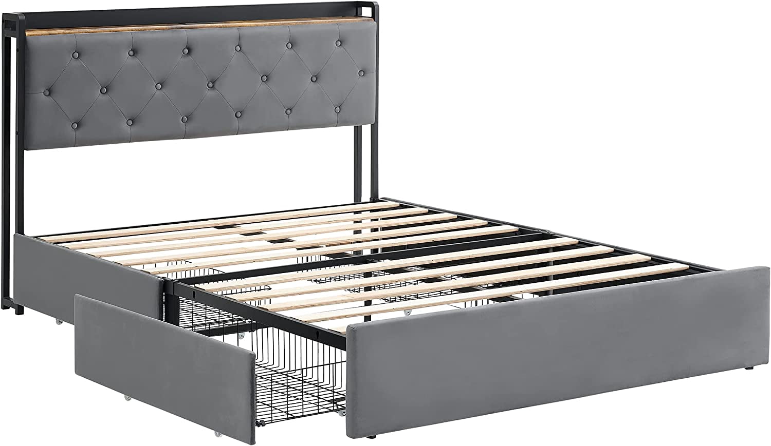 Juiluna Queen Bed Frame with 4 Storage Drawers and Charging Station,Grey Queen Upholstered Bed Frame with Storage Headboard No Box Spring Needed Noise-Free (Queen)