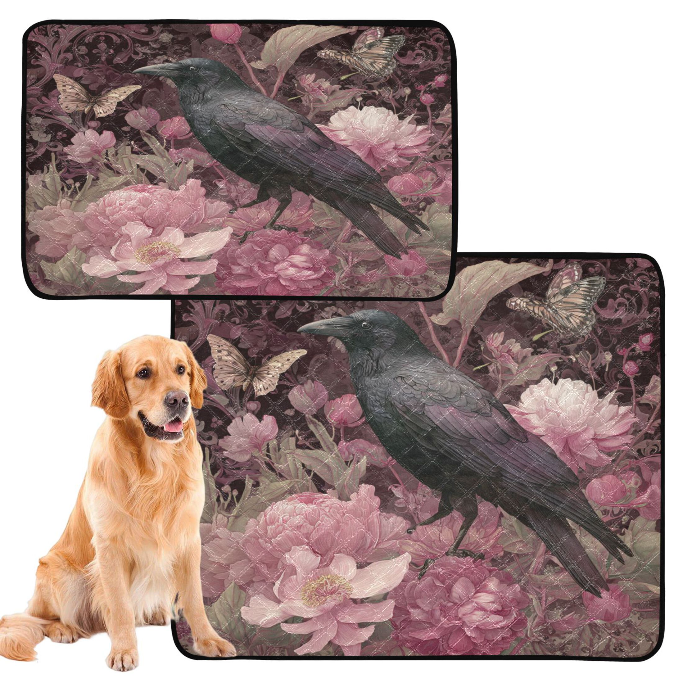 Qxltty Peony Crow Cat litter Pads Pet Set of 3 Diaper Mats Center Anti-leakage Layer Absorbent Soft and Comfortable