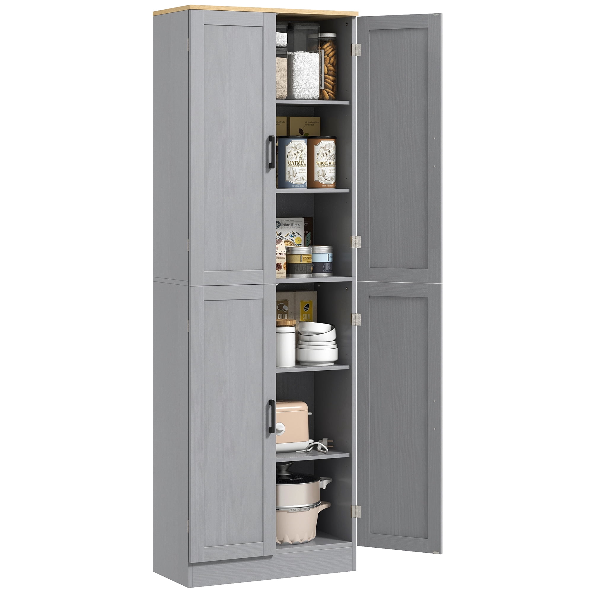 HOMCOM 67" Freestanding Kitchen Pantry, 4-Door Storage Cabinet Organizer with Adjustable Shelves and Doors, Distressed Gray
