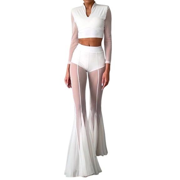 Womens Pants Bell Bottom Pants Sheer Mesh See Through Line Trim Beach Vacation Flared Elegant White M