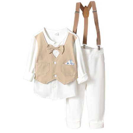 

4T Baby Boys Clothes Baby Boys Gentleman Outfits Formal Birthday Party Clothing Set Long Sleeve Round Neckline Shirt Overall Pants 2PCS Set White