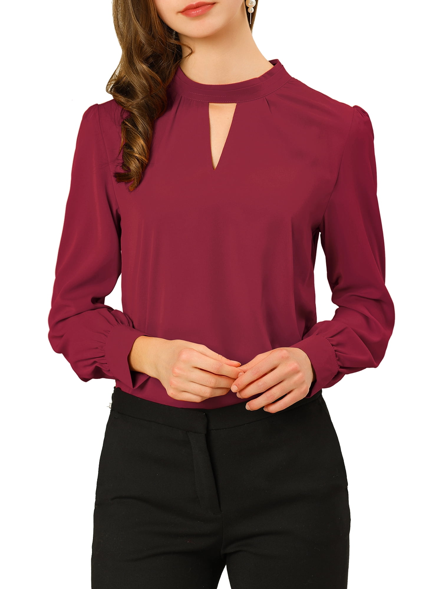 DARING DIVA Women's Stand Collar Long Sleeve Office Blouse XL Burgundy