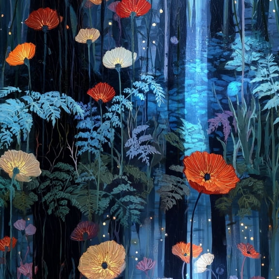 Vintage Peel and Stick Wallpaper Whimsical Forest Blooming Poppies Moonlit Glow Wall Mural 23.6in x 9.8ft Self Adhesive Removable Wall Paper Floral Contact Paper for Nursery Bedroom Cabinets