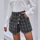 thumbnail image 1 of Pantalones cortos de mujer a cuadros pierna ancha cintura media decoración de botones irregulares pantalones cortos elegantes para mujer, 1 of 6