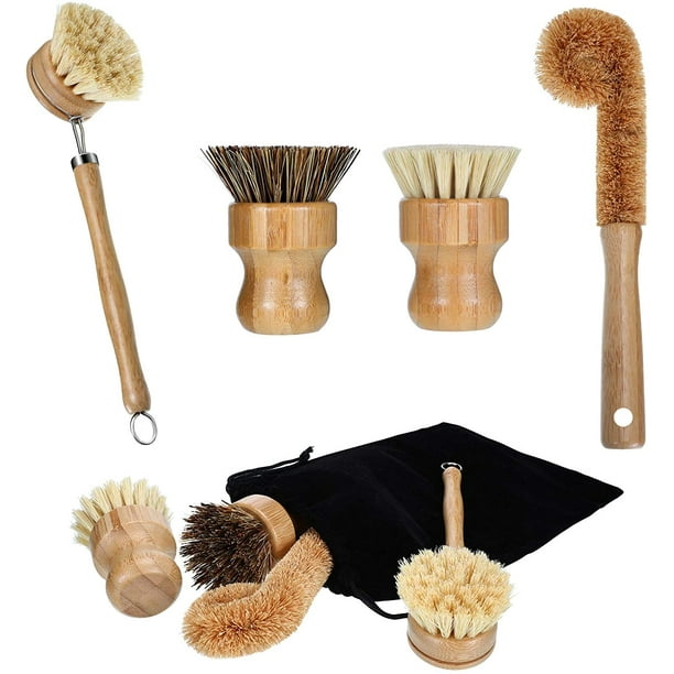 4 Pieces Bamboo Scrub Brush Mini Pot Brush Dish Scrubber Natural Scrub Brush with Handle for