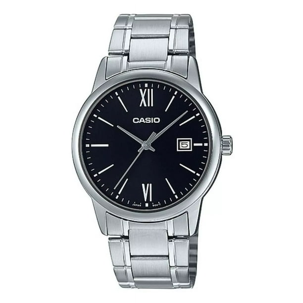Reloj Casio Mtpv002 1b3 Hombre Acero Negro Fechador Correa Plateado Bisel Plateado Fondo Negro MTP-V002D-1B3