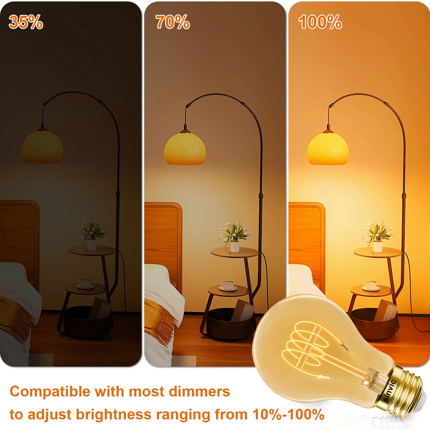 Sinvic A19 Vintage LED Bulb (6 Pack) 4W (Equiv.40W) Dimmable No Flicker 320LM 2200K Amber E26 Base Ultra-Thin Spiral Filament