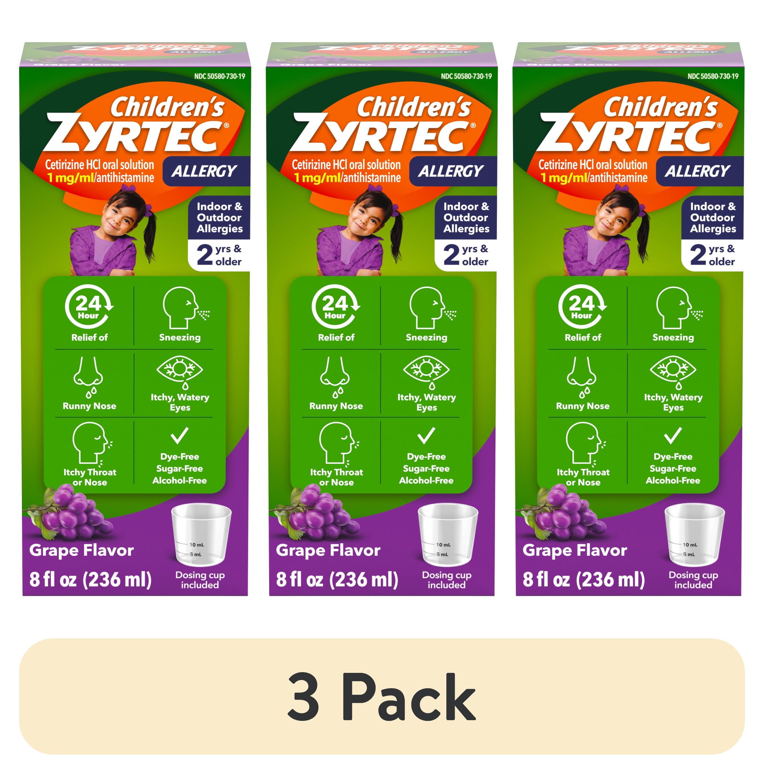 (3 pack) Children's Zytec Liquid Allergy Syrup, Free of Dyes, Sugar, Alcohol, Grape Flavor, 8 fl. oz