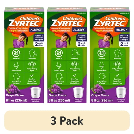 (3 pack) Children's Zytec Liquid Allergy Syrup, Free of Dyes, Sugar, Alcohol, Grape Flavor, 8 fl. oz
