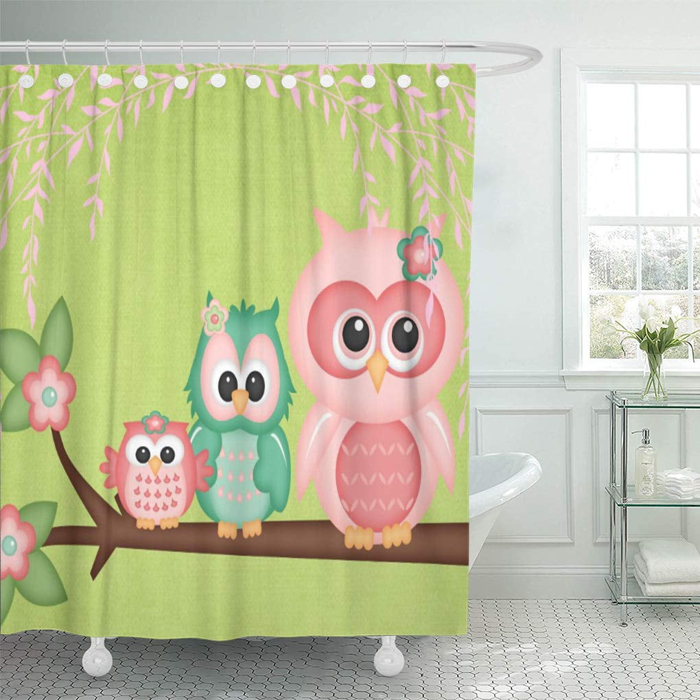 SUTTOM Cut Owls Branch Pink Mint Green Shower Curtain 60x72 inch