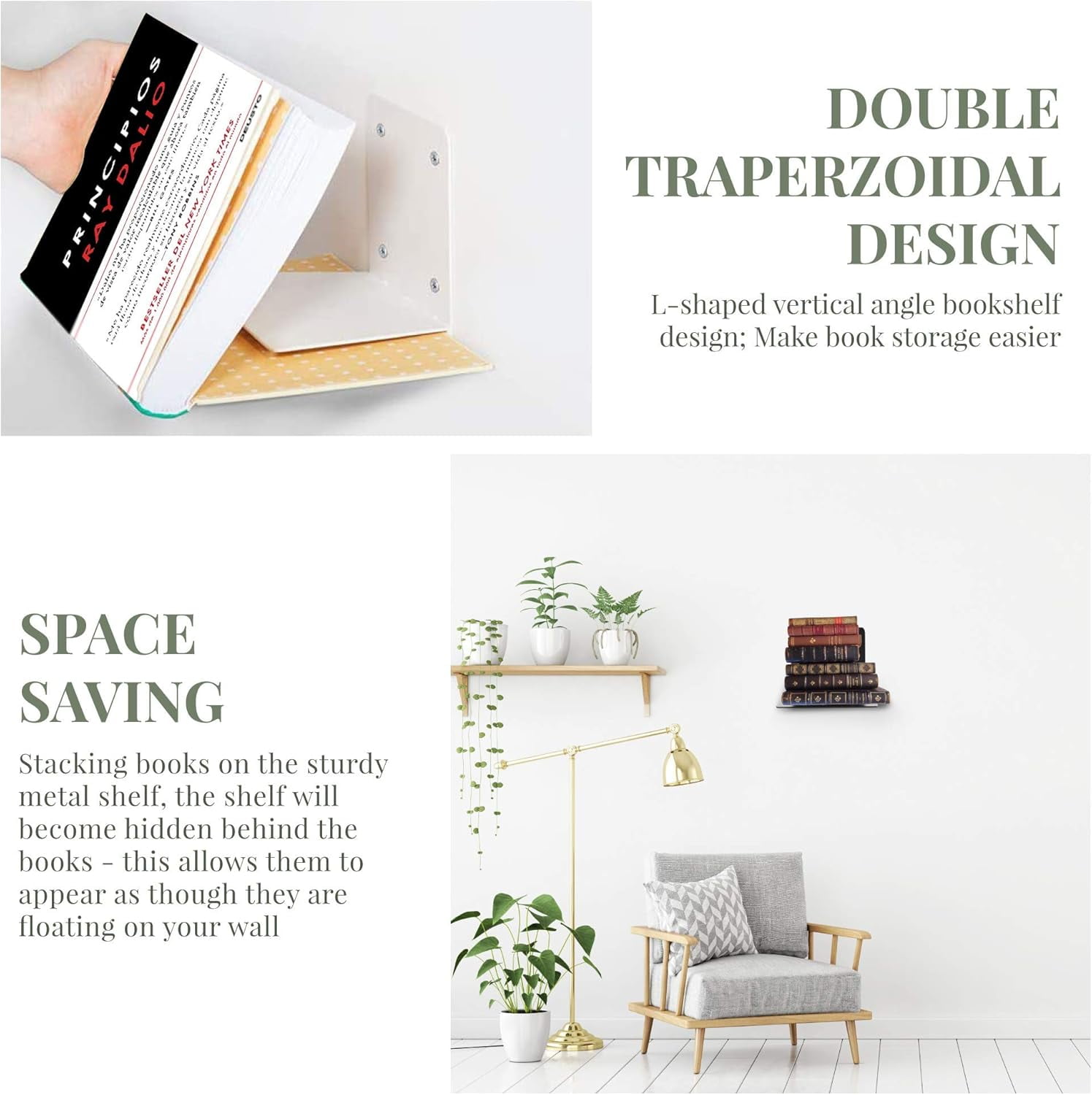 VASGOR Set of 4 Invisible Floating Bookshelf - Heavy Duty Wall Mounted Book Organizer, Metal Shelves Holder for Books, Large Size