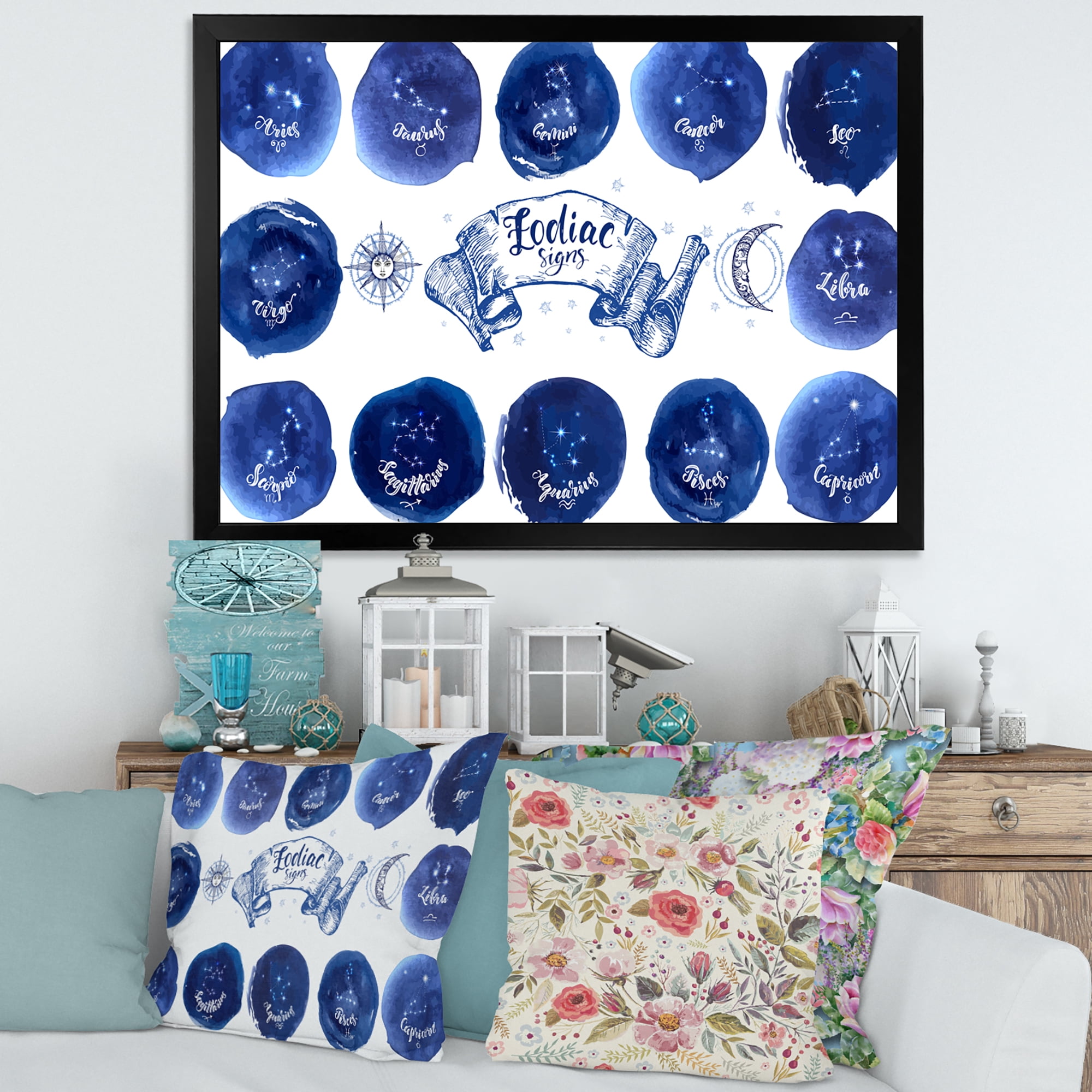Designart 'Collection of Astrology Signs On Blue Circles' Modern Framed Art Print