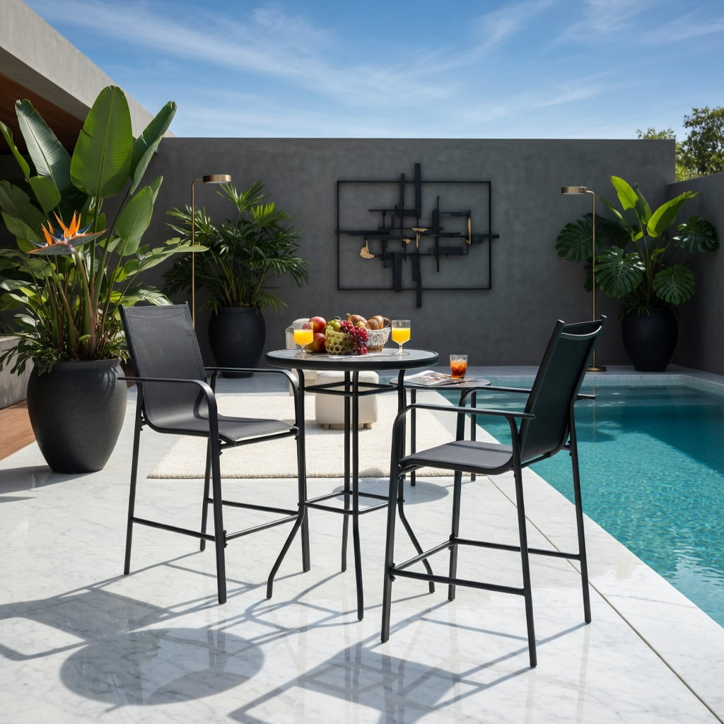 Hommoo 3-Piece Outdoor Patio Bar Set, Steel Frame with Tempered Glass Table & Fabric Stools for Backyard, Poolside & Garden, Black